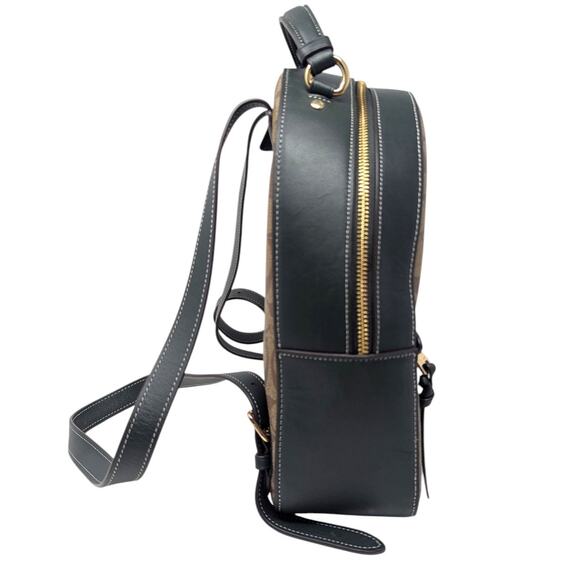 Coach Signature Canvas Backpack Brown Green Varsity Logo Zip Bag Leather Trim - Picture 2 of 6